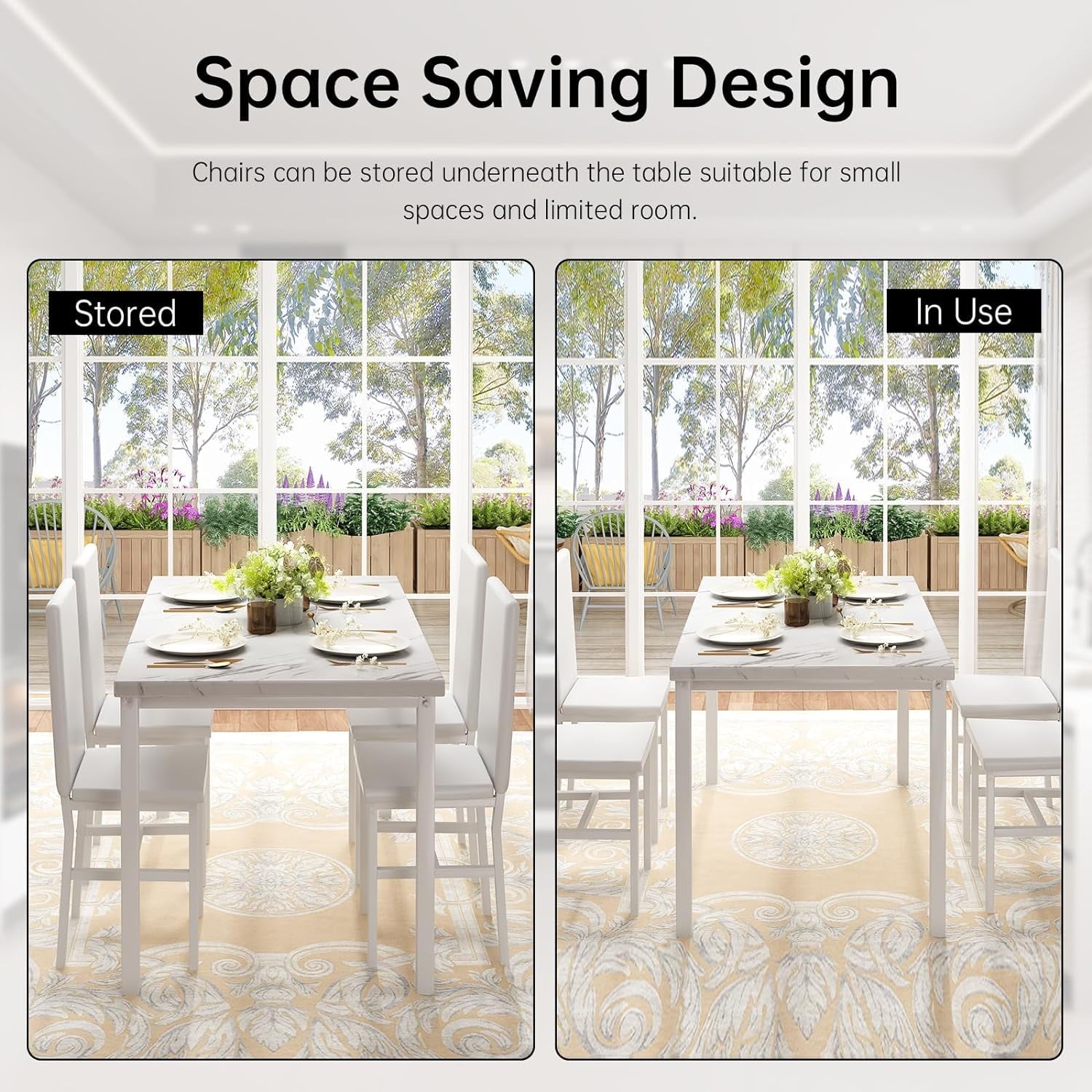 MIERES 5-Piece Dining Table Set for 4, Faux Marble Kitchen Table and 4 Chairs, Modern Dining Room Table with 4 Chairs, Dinner Table Set for Small Spaces, Brown