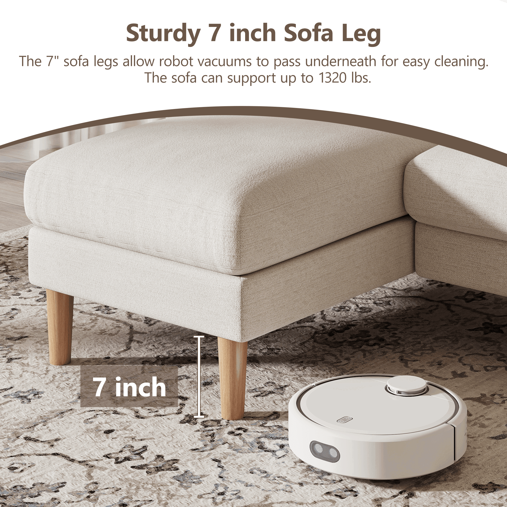 BedLuxury 100 U-Shape Sectional Sofa with Chaise, Chenille Modern Couch with High Legs for Living Room, Apartment, Beige