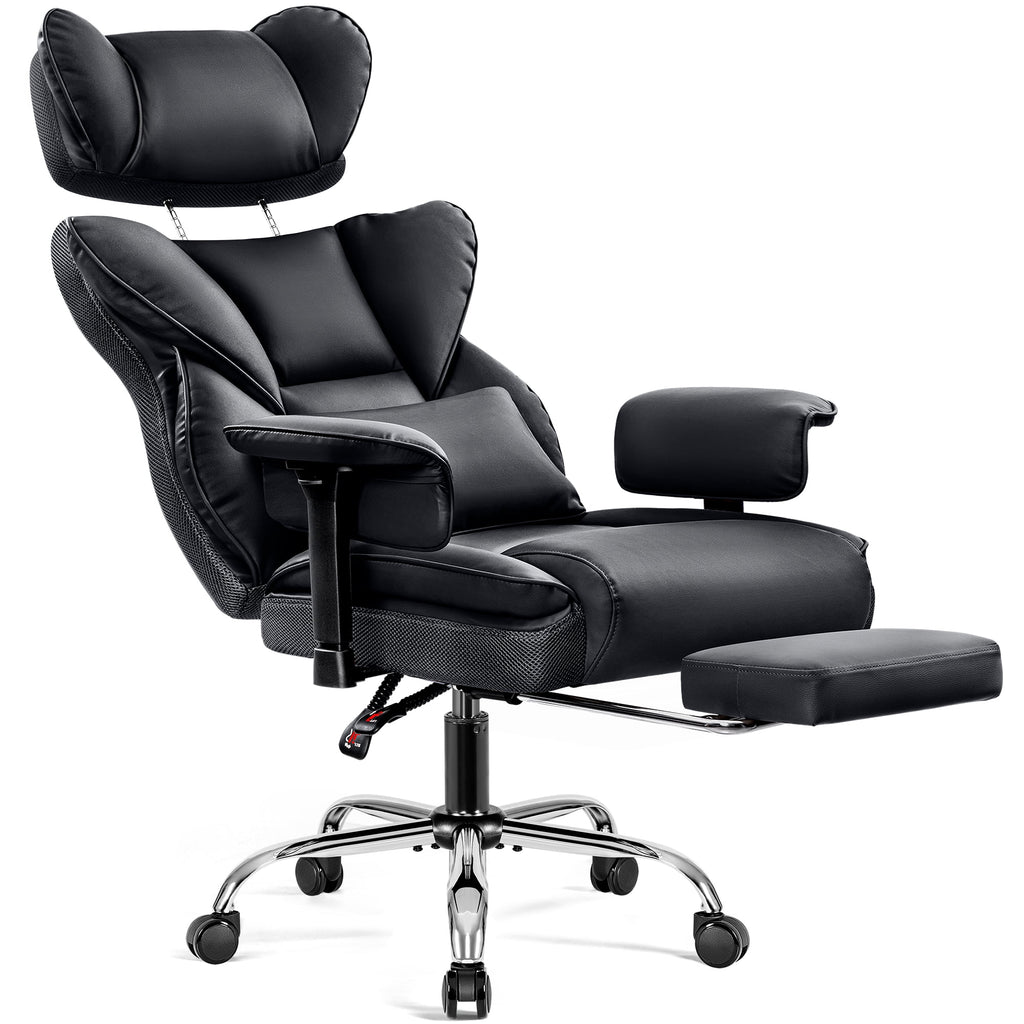 COOLHUT Big and Tall PU Leather Office Chair with Adjustable Headrest & Footrest, Executive Computer Desk Chair with 3D Adjustable Padded Armrest, Ergonomic Office Chair with Lumbar Support, Black