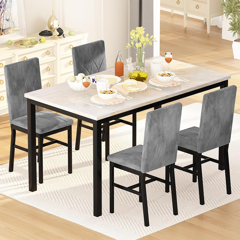 LinkRomat 5-Piece Faux Marble Dining Table Set for 4, Modern Kitchen Table with Chairs, Dinette Dining Room Furniture Set for Compact Space Saving
