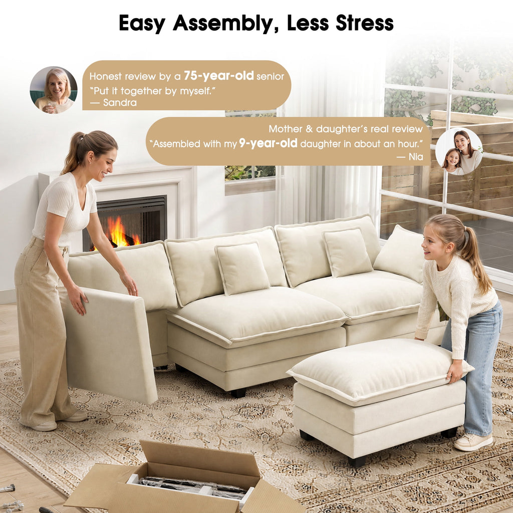 BedLuxury 111.5'' Modular Sectional Sofa with Movable Ottomans, U Shaped Cloud Couch for Living Room, 3-Seat, Grey