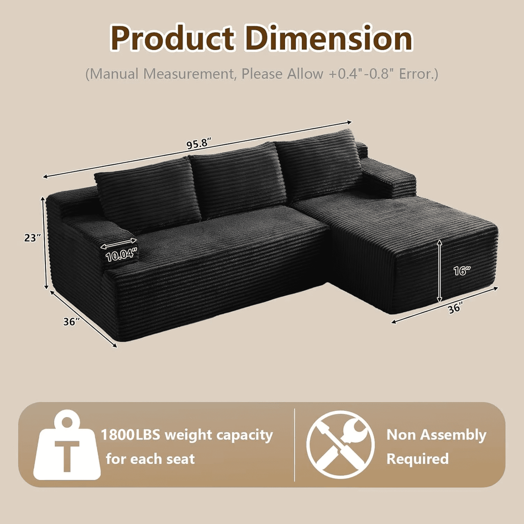 96 Boneless Cloud Couch with Chaise, Modular Sectional Sofa for Living Room, No Assembly Required, Deep Seat Corduroy Couch, Green
