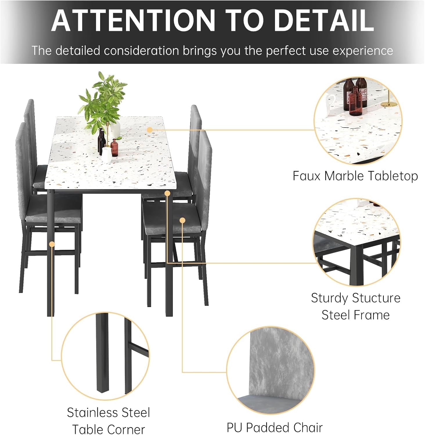 MIERES 5 Piece Dinning Table Sets for 4, Marble Kitchen Table and Chairs for 4,Dining Room Table Set with PU Leather Chairs,Faux Marble Dining Set for Small Spaces,Living Room,White+Brown