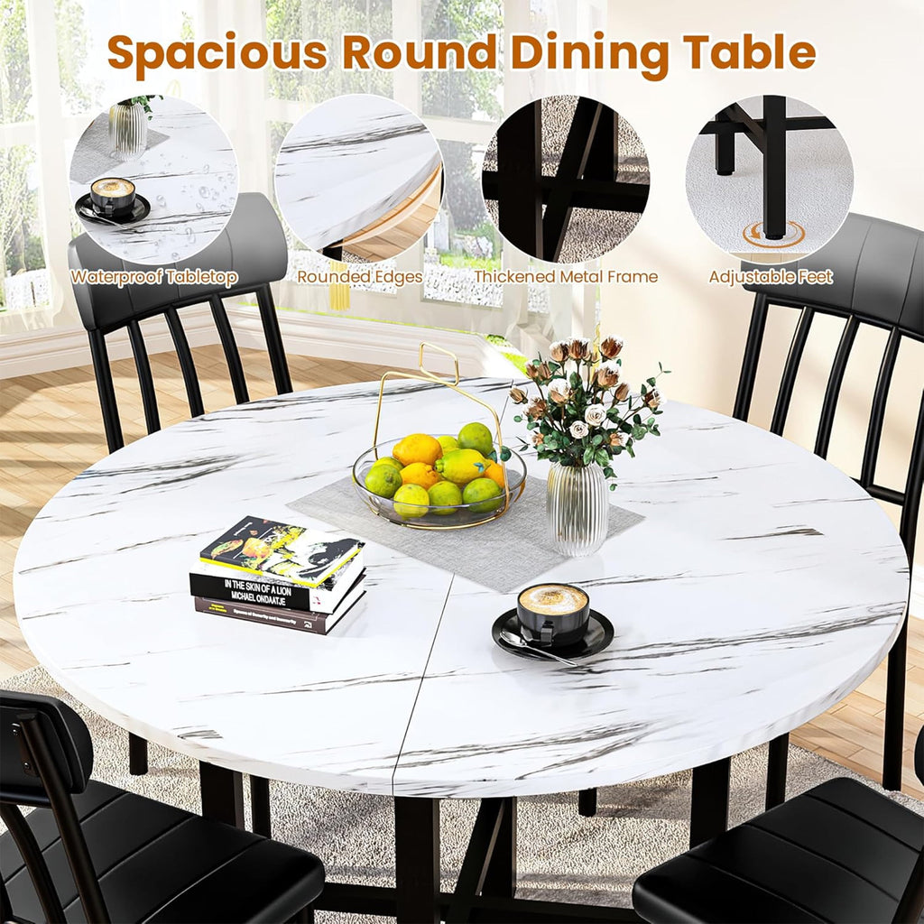 LinkRomat Round Dining Table Set for 4, Modern Dining Room Sets with 4 Faux Leather Chairs, Kitchen Dinner Wooden Table & Chair Set for Small Space, Grey