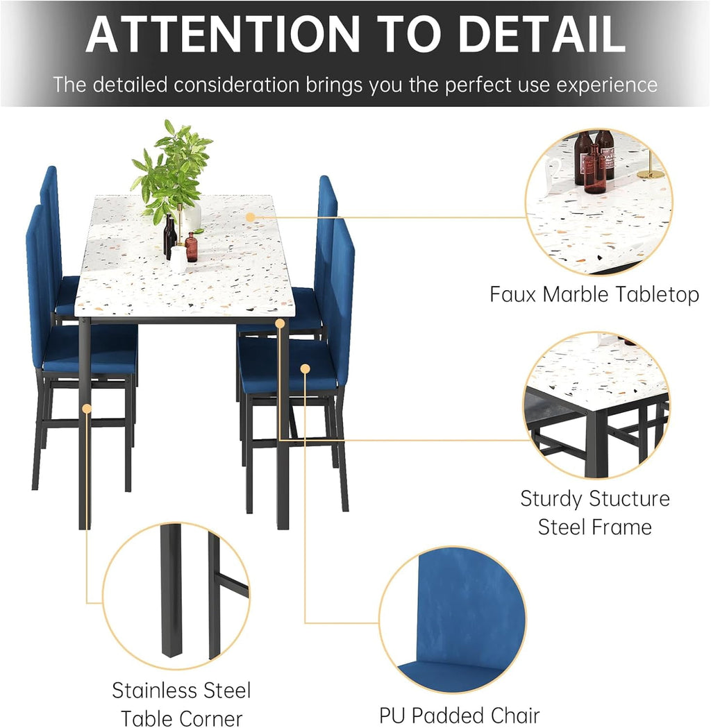 MIERES 5 Piece Dinning Table Sets for 4, Marble Kitchen Table and Chairs for 4,Dining Room Table Set with PU Leather Chairs,Faux Marble Dining Set for Small Spaces,Living Room,White+Brown