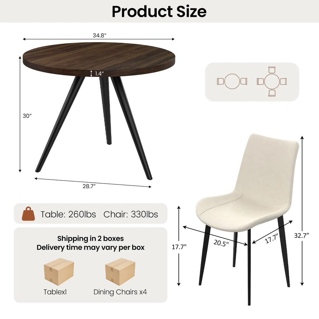 34.8 Round Dining Table Set for 4,5 Piece Mid-Century Modern Dining Set with 4 Upholstered Dining Chairs,Leisure Coffee Table for Kitchen Dining Room, Save Space