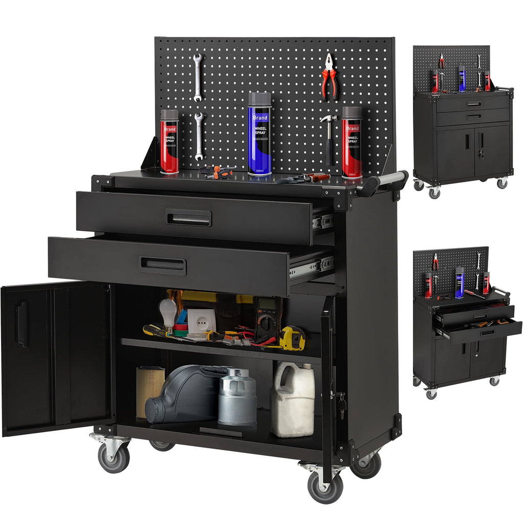 Danrelax 52 Mobile Workbench with Pegboard, 2 Drawers, Lockable Cabinet, Heavy-Duty Steel, 220 lb Capacity, 4 Locking Wheels