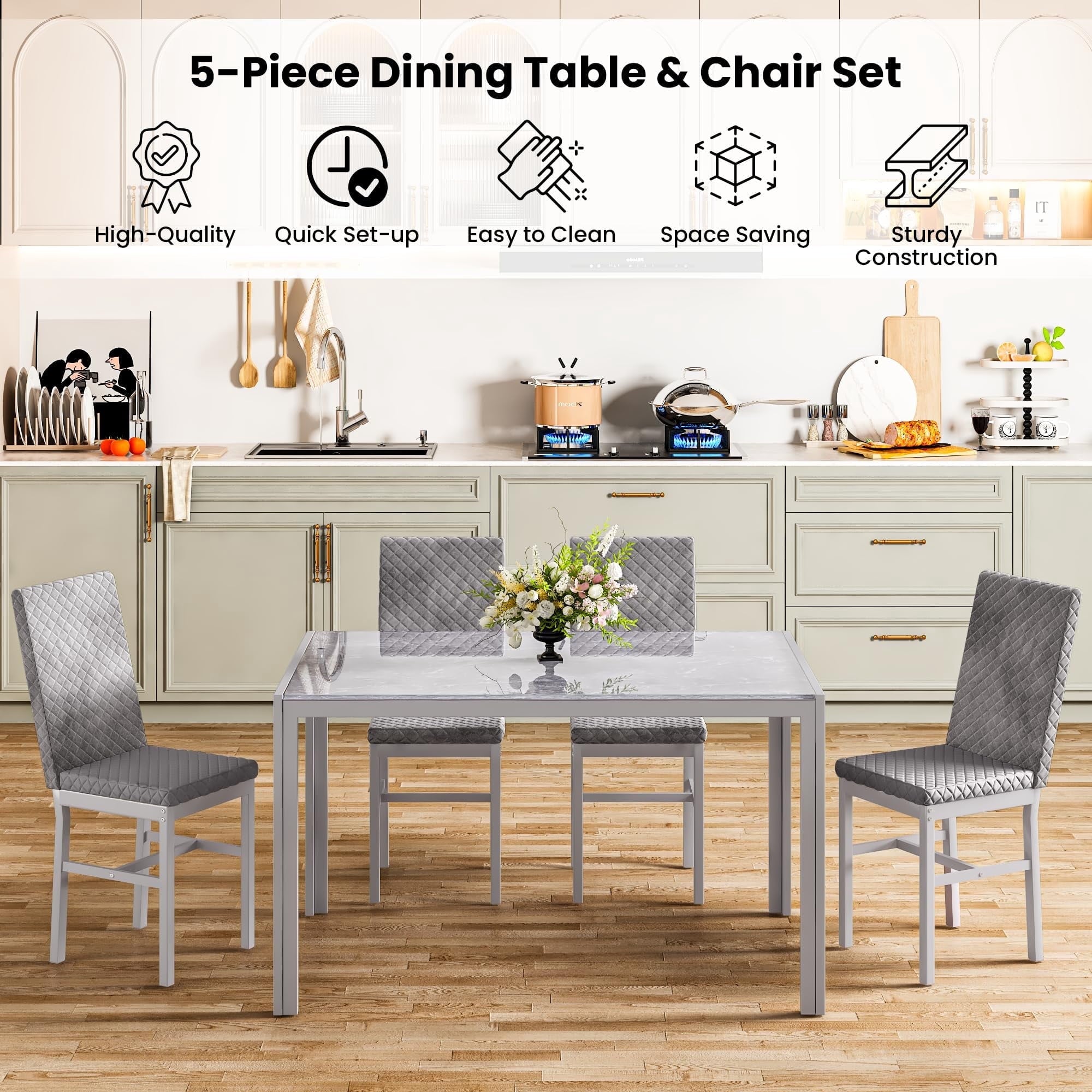 Baxluxe Dining Table Set for 4, Modern 5 Piece Dining Table Set, Faux Marble Kitchen Table and 4 Velvet Upholstered Chairs for Apartments, Dining Rooms, Small Spaces, Gray