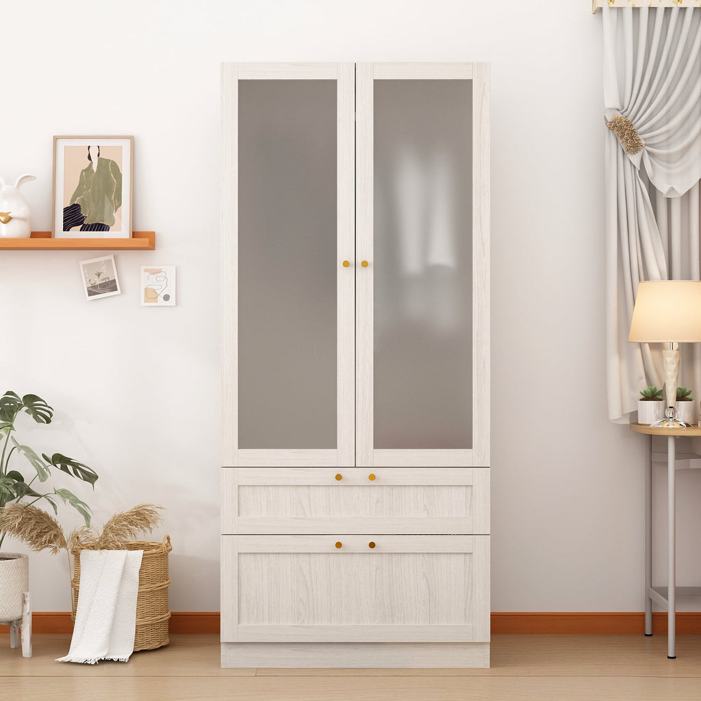 OxyLife 2 Door Wardrobe Armoire, White Closet Storage Organizer with Drawers and Shelves