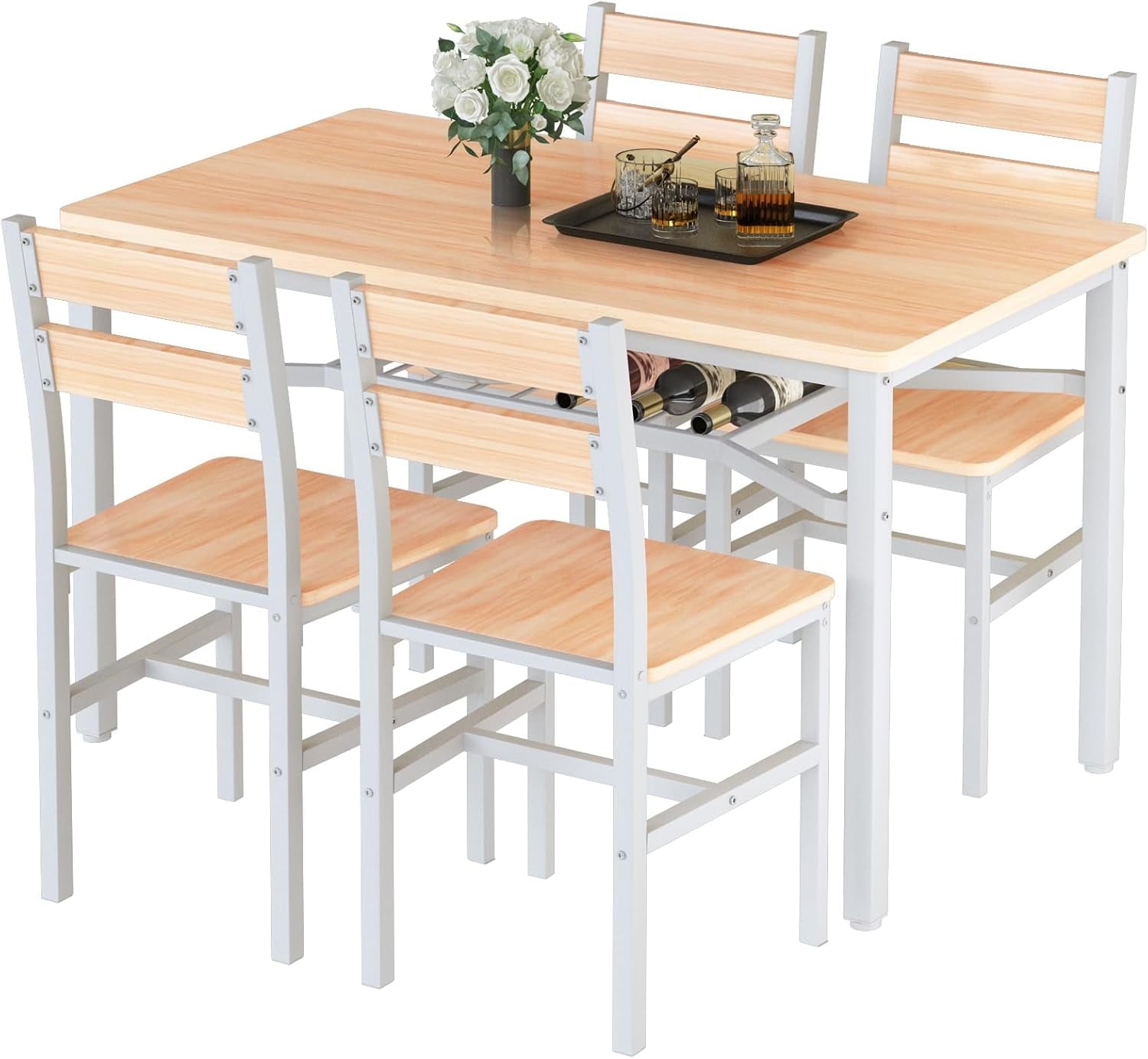 LinkRomat Dining Table Set for 4, Farmhouse Kitchen Table with 4 Wood Chairs, Dining Room Set for Breakfast Nook, Small Places, Restaurant, Gray