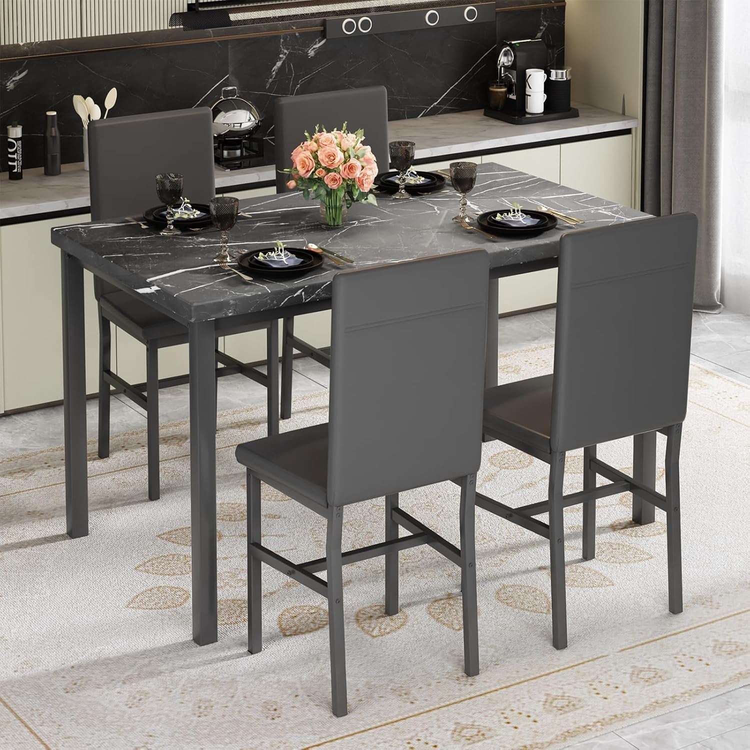 MIERES 5-Piece Dining Table Set for 4, Faux Marble Kitchen Table and 4 Chairs, Modern Dining Room Table with 4 Chairs, Dinner Table Set for Small Spaces, Brown