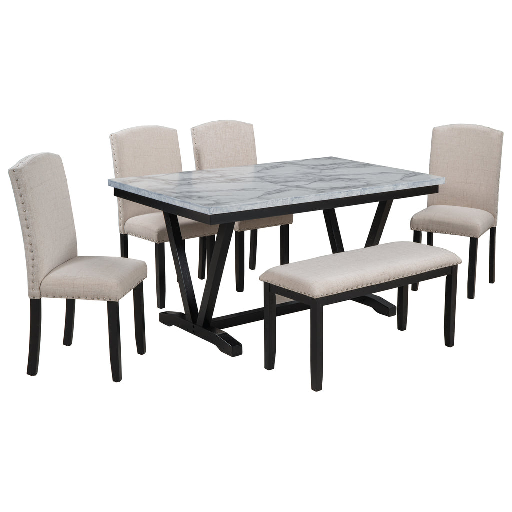 Harper & Bright Designs Dining Table Set for 6 with Bench Rectangular Table and 4 Upholstered Chairs for Kitchen, Gary
