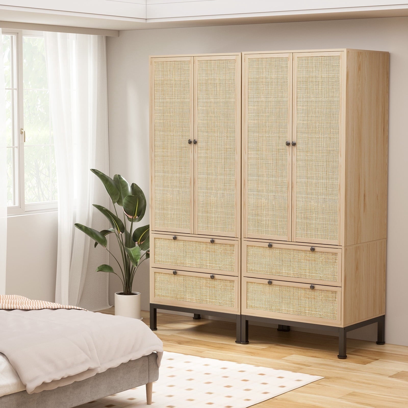 Brafabhome 67H Fluted Armoire Wardrobe Closet with Drawer, Wooden 2 Doors Wardrobe Cabinet with Hanging Rod & Adjustable Shelf for Bedroom | Nature